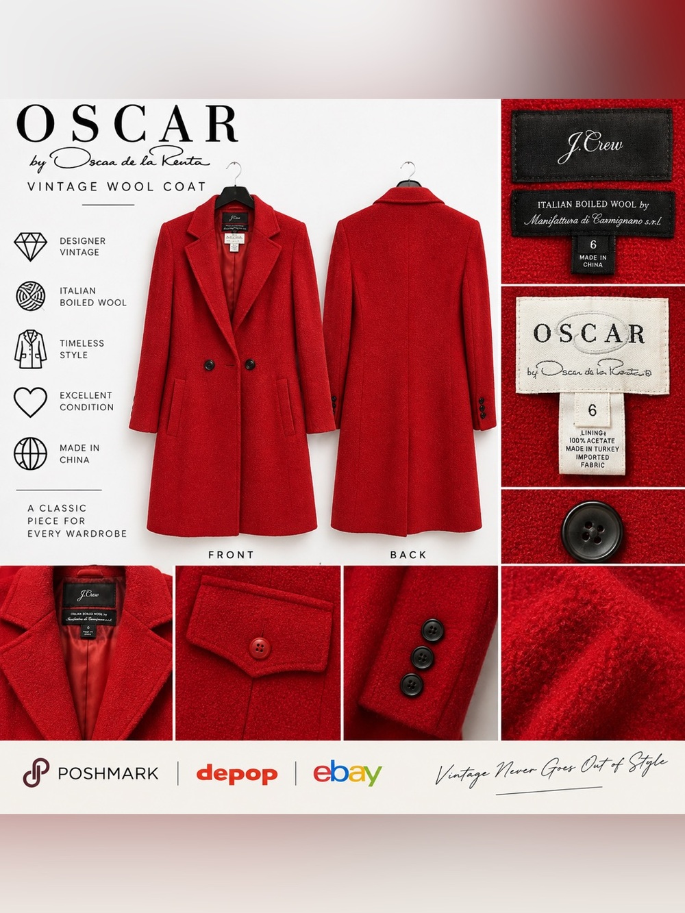 Oscar de la Renta Vibrant Red Wool Blend Double-Breasted Trench Coat